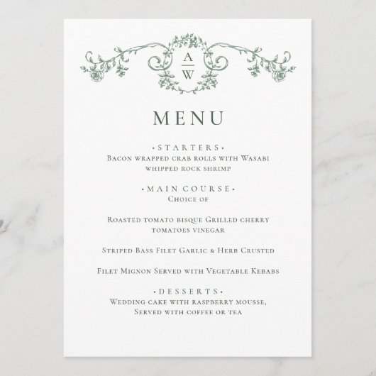 Elegante saliegroen vintage tuinvloemen bruiloft menu (Voorkant)