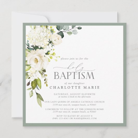 Elegante Saliegroen Waterverf Bloem Doop Kaart (Voorkant)