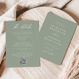 Elegante saliegroene all-in-één QR-code-huwelijk Kaart