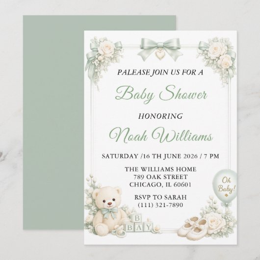 Elegante saliegroene babyshower uitnodiging templa (Voorkant / Achterkant)
