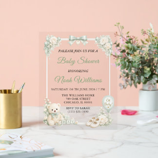 Elegante saliegroene babyshower-uitnodigingssjablo acryl bord