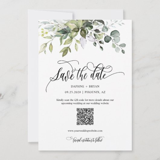Elegante saliegroene bladeren QR-code foto bruilof Save The Date (Achterkant)