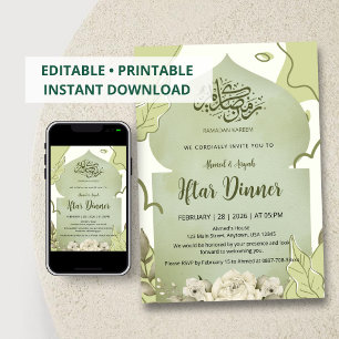 Elegante Saliegroene Bloem Iftar-dineruitnodiging Kaart