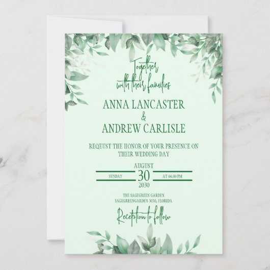 Elegante saliegroene bloemen bruiloft uitnodiging (Voorkant)