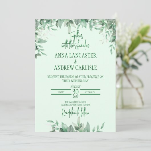 Elegante saliegroene bloemen bruiloft uitnodiging (Staand voorkant)