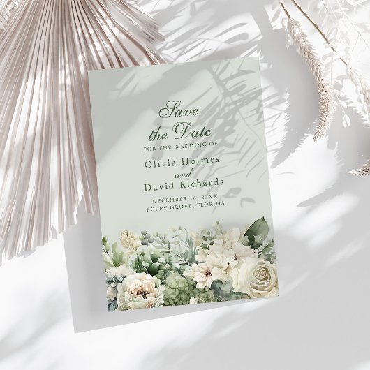 Elegante saliegroene bloemen save the date kaart