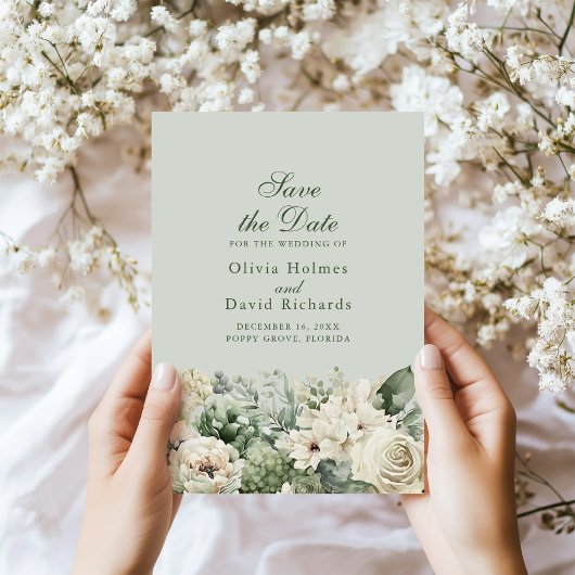 Elegante saliegroene bloemen save the date kaart