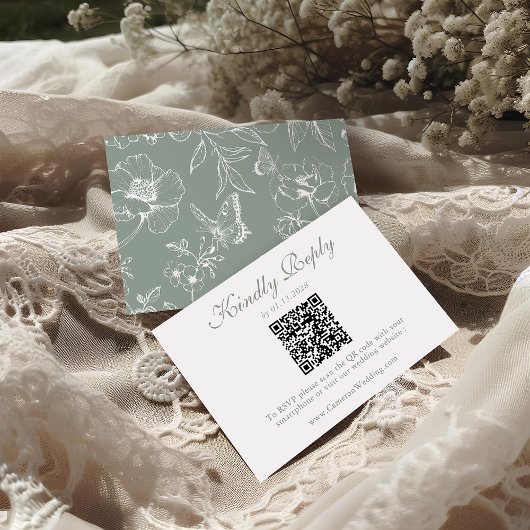 Elegante Saliegroene Bloemencode QR Code Huwelijks RSVP Kaartje