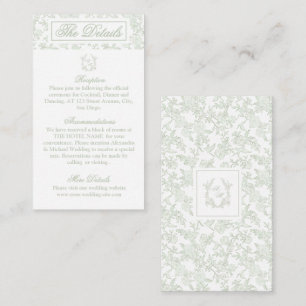 Elegante Saliegroene Bloemenkroon Monogram Bruilof Informatiekaartje