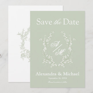Elegante Saliegroene Bloemenkroon Monogram Save The Date