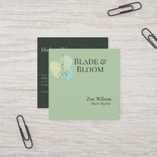 Elegante saliegroene bloemenschaar haarstylist vierkante visitekaartje