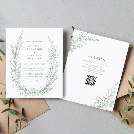 Elegante saliegroene bloemenslinger QR-code bruilo