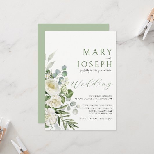 Elegante saliegroene bloementuin buitenbruiloft kaart (Voorkant / Achterkant in situ)