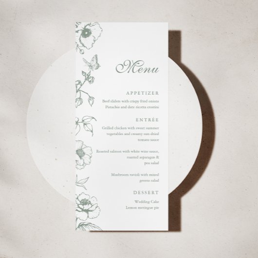 Elegante saliegroene bloemetuin bruiloft plat menu