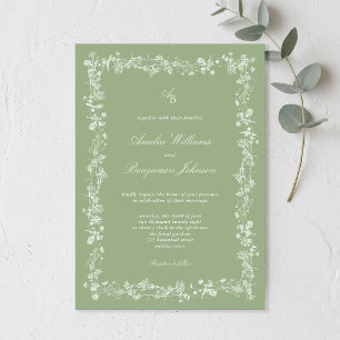 Elegante saliegroene bloemige bruiloft kaart