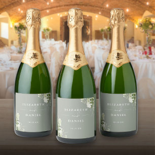 Elegante Saliegroene Bloemige Groene Huwelijk Sparkling Wijnetiket