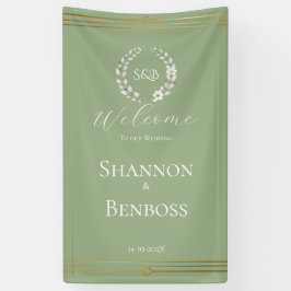 Elegante Saliegroene Bloemige Monogram Bruiloft We Spandoek