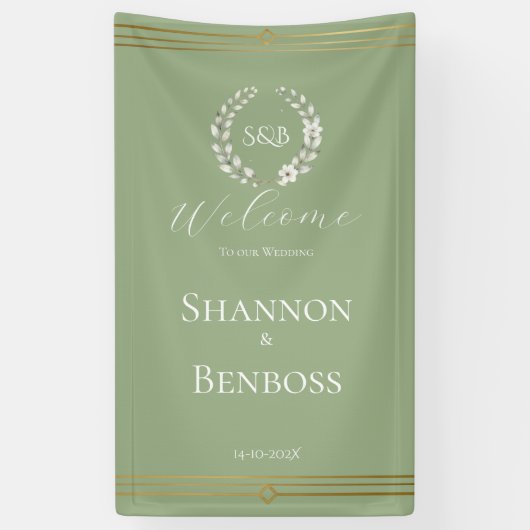 Elegante Saliegroene Bloemige Monogram Bruiloft We Spandoek (Verticaal)