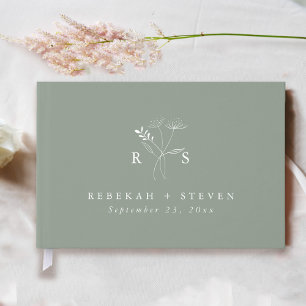 Elegante Saliegroene Bloemige Monogram Huwelijk Gastenboek