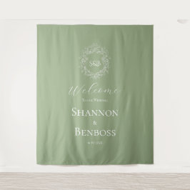 Elegante Saliegroene Bloemige Monogram Huwelijks W Wandkleed