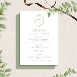 Elegante Saliegroene Bloemige Monogram Wapen Huwel Informatiekaartje