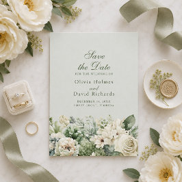 Elegante saliegroene bloemige Save the Date kaart