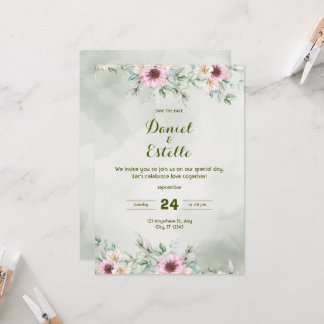 Elegante Saliegroene Bloemige Watercolor Trouw Uit Kaart