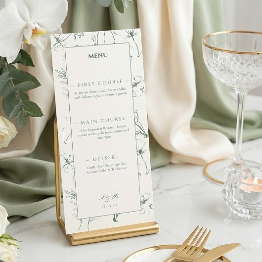Elegante saliegroene bloemlijn kunst bruiloft menu