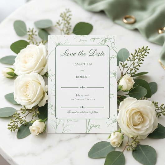 Elegante saliegroene bloemlijn kunst bruiloft save the date