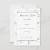 Elegante saliegroene bloemlijn kunst bruiloft save the date (Voorkant)