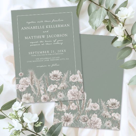 Elegante saliegroene bloemrijke boho bruiloft kaart