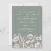 Elegante saliegroene bloemrijke boho bruiloft kaart (Voorkant)