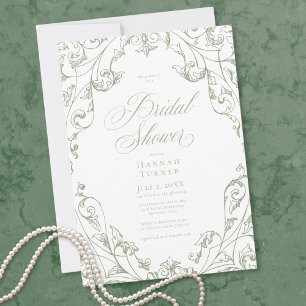 Elegante saliegroene bloemrijke kader bruidsdouche kaart