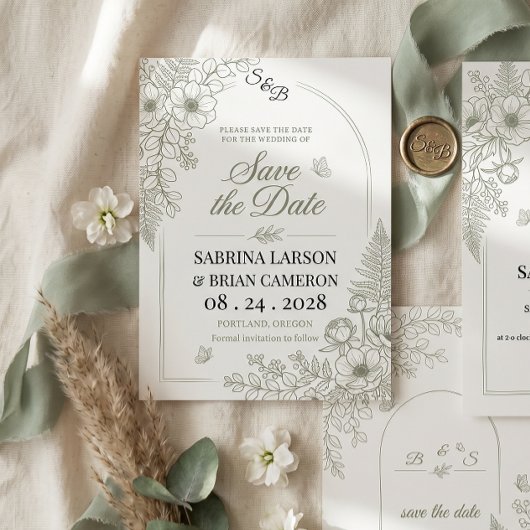 Elegante saliegroene bloemsave the date kaart