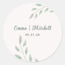 Elegante saliegroene botanische bruiloft ronde sticker