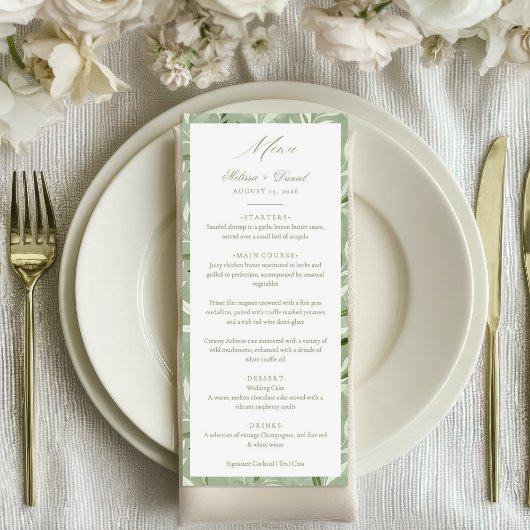Elegante saliegroene botanische trouw menu