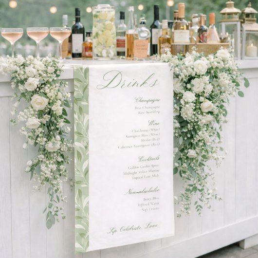 Elegante saliegroene botanische trouwdrankenmenu spandoek