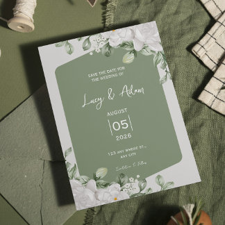 Elegante Saliegroene Botanische Witte Bloemen Brui Save The Date