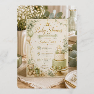 Elegante saliegroene en beige babyshower uitnodigi kaart