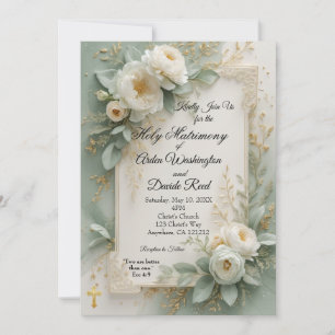 Elegante saliegroene en gouden christelijke bruilo kaart