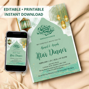 Elegante Saliegroene en Gouden Lantaarn Iftar-dine Kaart