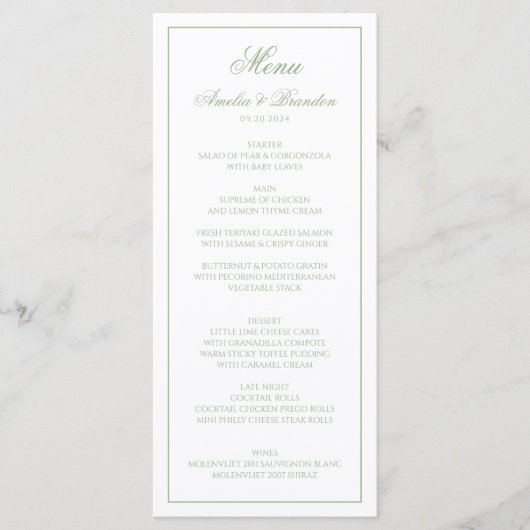 Elegante saliegroene en witte rand script bruiloft menu (Voorkant)