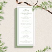 Elegante saliegroene en witte rand script bruiloft menu