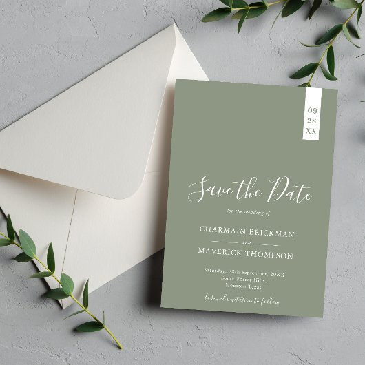 Elegante saliegroene en witte scriptie bruiloft save the date