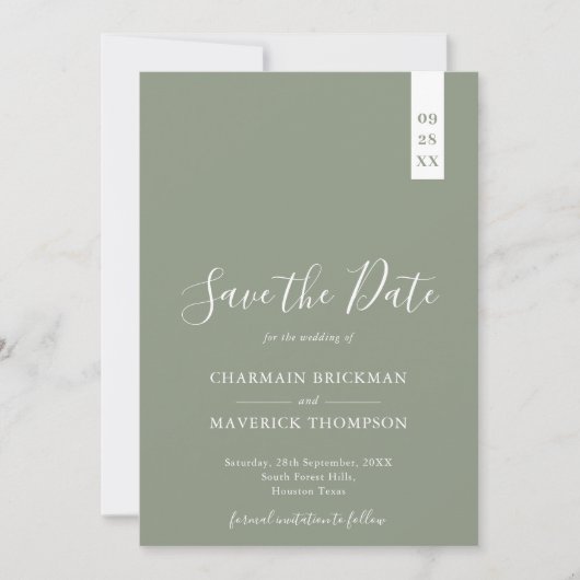 Elegante saliegroene en witte scriptie bruiloft save the date (Voorkant)