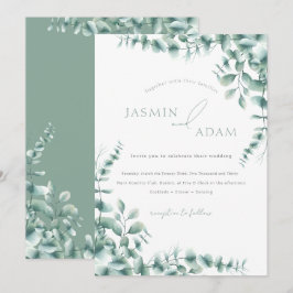 Elegante saliegroene eucalyptus-monogram bruiloft kaart