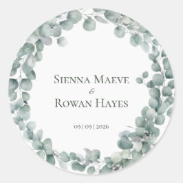 Elegante saliegroene eucalyptus ronde huwelijksgun sticker