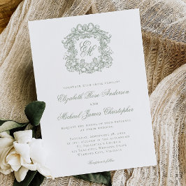 Elegante saliegroene familiewapen monogram bruilof kaart