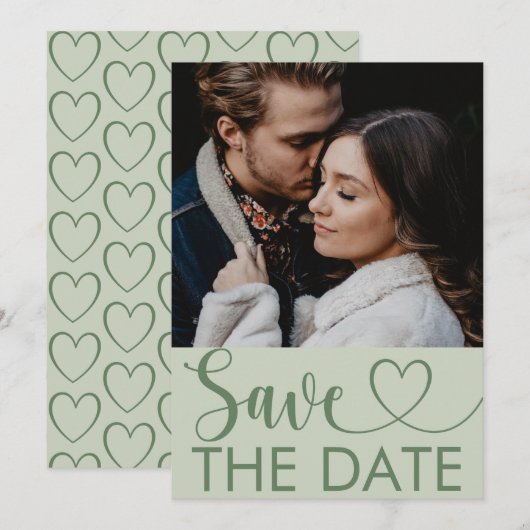 Elegante saliegroene foto & hart save the date (Voorkant / Achterkant)