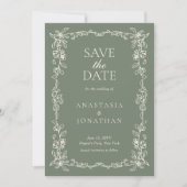 Elegante saliegroene foto vintage bruiloft save the date (Voorkant)